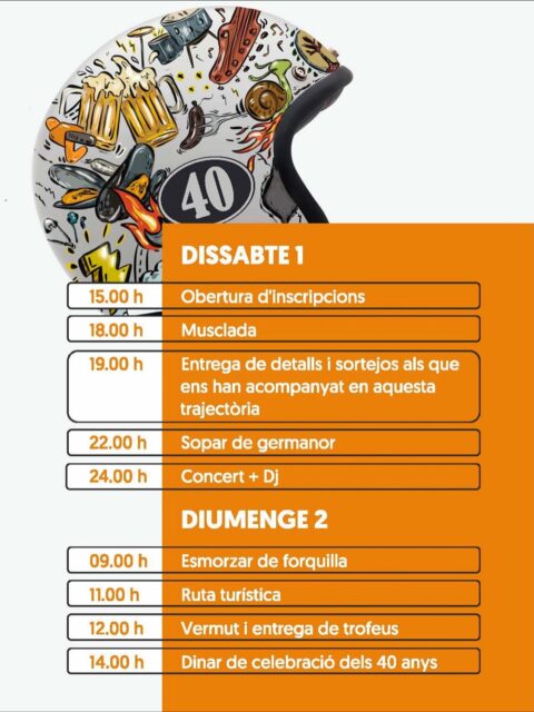 🔥 PROGRAMA 40a CONCENTRACIÓ 🔥
Dissabte us esperem a partir de les 15 h!
A les 18 h, donem el tret de sortida amb la musclada tradicional, abans de reconèixer algunes de les persones que ens han acompanyat tots aquests anys 💪 i de fer mooolts sortejos entre tots els que sigueu amb nosaltres! 🎁
Després, soparet i festa grossa, com mana la tradició! 🎶🍻
I diumenge… esmorzar de forquilla, ruteta amb parada per al vermut i dinar de 40è aniversari per acabar-ho com cal! 🥘🔥
Va, que ja ho tenim aquí...
💥 XALAREM! Ens acompanyareu? 💥
#CollDArruix40 #FestaMotard #EscuderiaCollDArruix #40anysdeGas #MotersDeVeritat #Xalarem