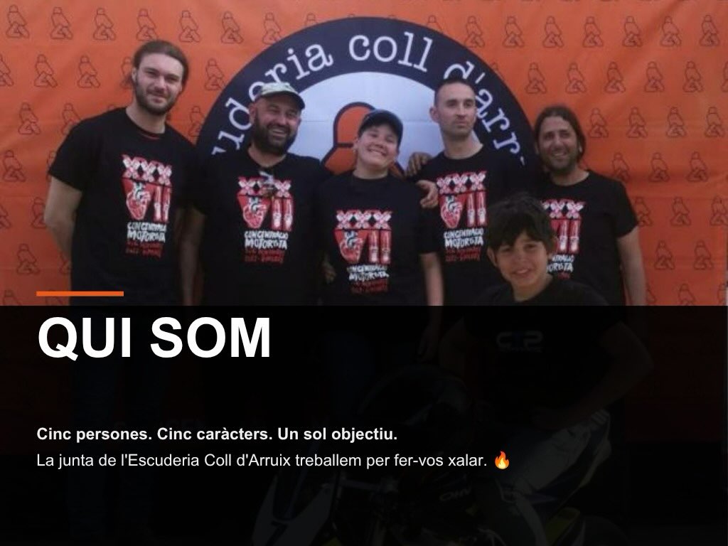 🏍️ QUI SOM
Cinc persones. Cinc caràcters. Un sol objectiu.
L’Ari, en Joan, en Norman, en Martí i en Robert som els membres de la junta de l’Escuderia Coll d’Arruix.
Gent de Vinebre, apassionada del motor, que treballem per mantenir viu el club i per seguir sumant moments que valguin la pena.
Ara mateix tenim una cosa entre mans.
Una activitat nova. Diferent. Per fer-vos xalar de valent.
Aviat ho sabreu. 🔥
#EscuderiaCollDArruix #QuiSom #MotersDeVeritat #Vinebre