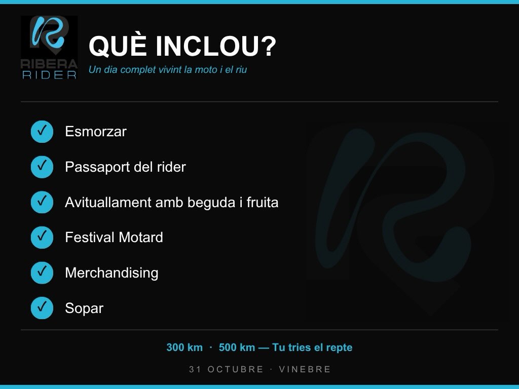 🏍️ ¿QUÉ INCLUYE EL RIBERA RIDER? No es solo una ruta. Es un día completo para disfrutar de la moto y del río. 🌊✅ Desayuno  ✅ Pasaporte del participante  ✅ Aperitivo con bebida y fruta  ✅ Festival de motos  ✅ Artículos promocionales  ✅ Cena    Todo está organizado para que el 31 de octubre lo único de lo que tengas que preocuparte sea disfrutar del recorrido. 🔥300 km o 500 km. Tú eliges el reto.📅 31 de octubre · Vinebre Donde el río marca el ritmo # RiberaRider # EscuderiaCollDArruix # Vinebre # Ribera # Ebro