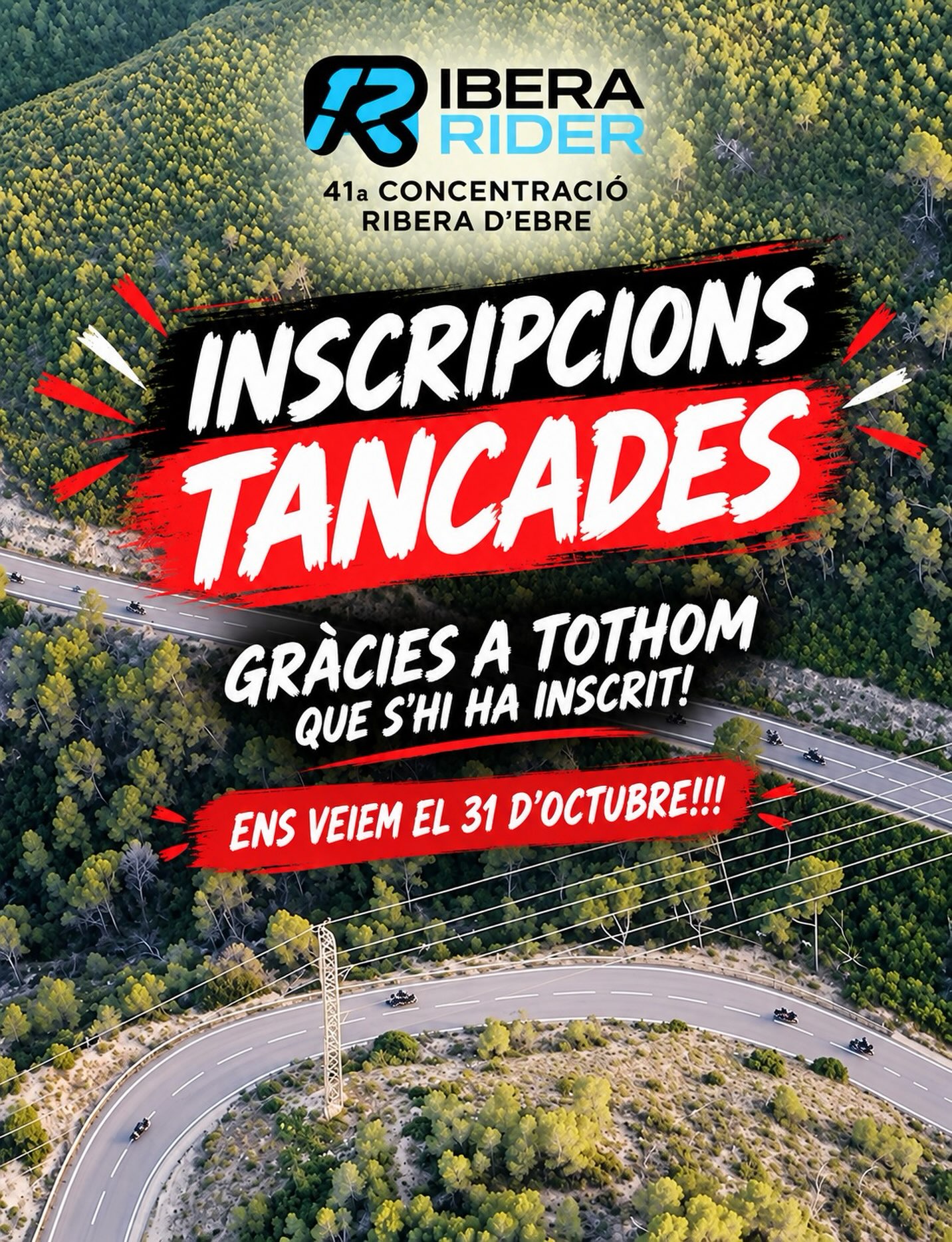 🏍️🔴 INSCRIPCIONES CERRADAS!💙 Gracias a todas las personas que confiaron en nosotros y que formarán parte de esta primera aventura! Ahora toca poner todo el punto final a todos los detalles para que el 31 de octubre todo esté listo. 💪🏍️ 300 o 500 km, ya ha empezado el cronómetro!📅 31 de octubre de 2026📍 Vinebre🎉 Y recuerda que, aunque no participes en la Rider, la fiesta está abierta a todos! A partir de las 15:00, podréis venir a comer, beber y disfrutar de la 41ª Concentración Motorista de la Ribera d’Ebre.¡Nos vemos el 31 de octubre! 🏁🔥#RiberaRider #Vinebre #RiberadEbre