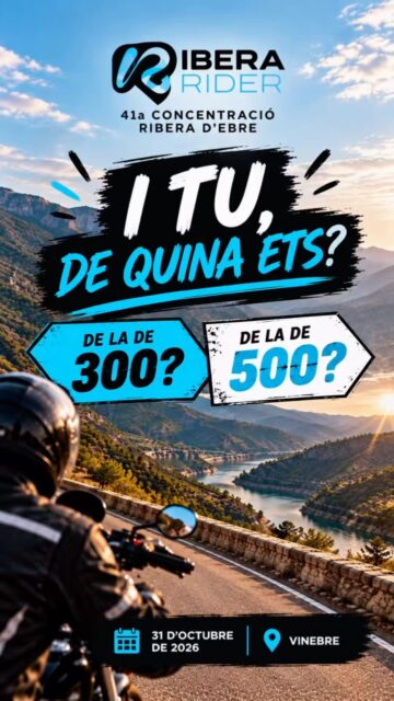 🏍️ ¿Y tú, de qué tipo eres?🔵 RIDER 300🔴 RIDER 500Dos recorridos. Dos formas de vivir la Ribera Rider. Y seguro que cada uno tiene claro cuál es su reto. 😏🔥Ahora queremos saberlo nosotros:👇 Deixa en los comentarios: 300 o 500?Y si aún no te has decidido… ¡no te preocupes!⏳ Las inscripciones se cierran el 12 de octubre.📅 31 de octubre de 2026📍 Vinebre👉 Inscripciones e información en riberarider.com⁠￼#RiberaRider #Rider300 #Rider500 #Vinebre