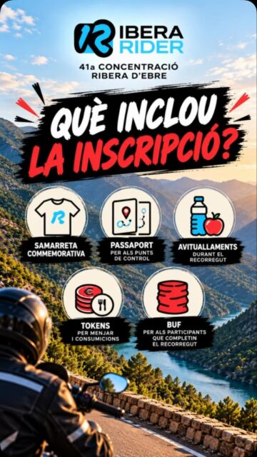 🏍️ ¡¿QUÉ INCLUYE LA INSCRIPCIÓN A LA RIBERA RIDER?Ya tenemos las inscripciones cerradas y ahora toca preparar todo para el gran día! 🔥Pero... ¿sabes qué recibirás con tu inscripción? 👀👕 Camiseta conmemorativa de la primera Ribera Rider.📍 Pasaporte para fichar en los diferentes puntos de control del recorrido.🥪 Avituallamientos durante la ruta.💶 Tokens para gastar en comida y bebidas.🏁 Y cuando completes el recorrido... tu buf de finisher!🎉 Y recuerda: ¡la fiesta es para todos!Aunque no participes en la Rider, a partir de las 15:00 podrás Venir a Vinebre, comprar tokens y disfrutar de la oferta de comida y bebida de la 41ª Concentración Motorista de la Ribera d’Ebre.🏍️ Con moto o sin ella, nos espera una gran jornada!📅 31 de octubre de 2026📍 Vinebre💙 Ya queda menos! Nos vemos allí!#RiberaRider #Vinebre #RiberadEbre